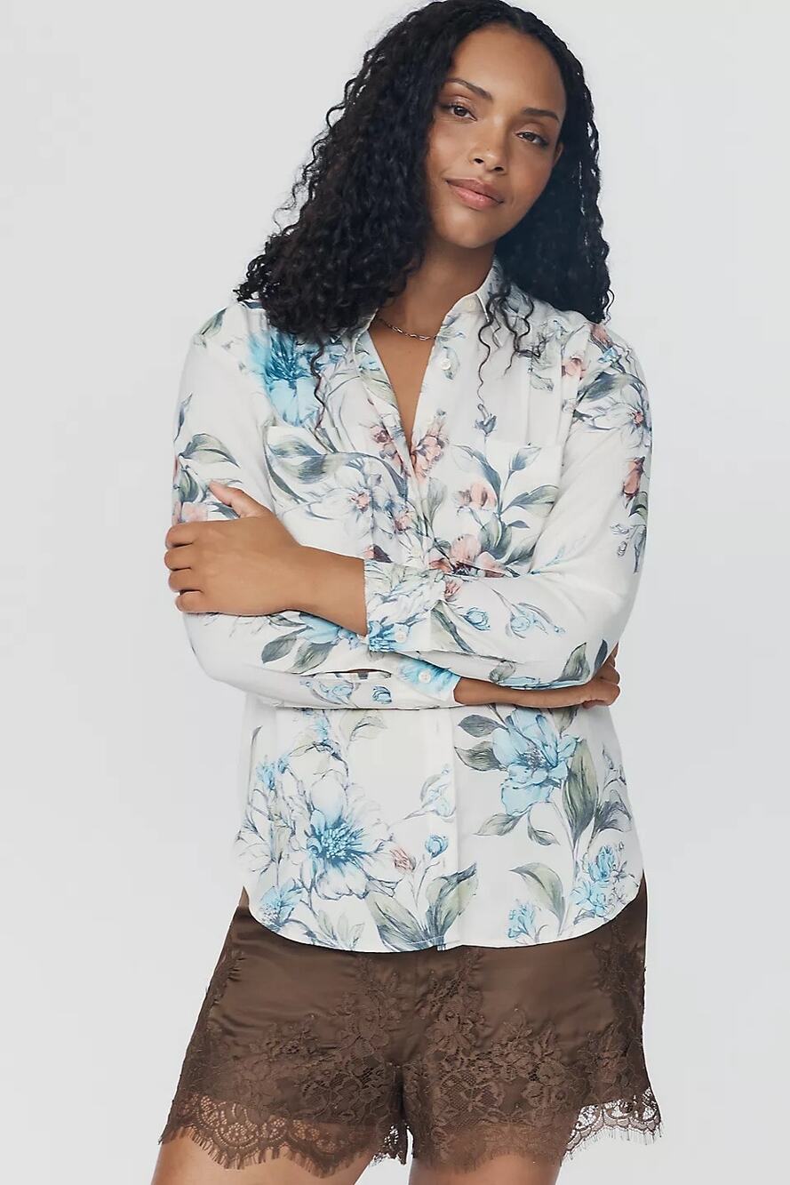 Anthropologie Brielle Floral Butterfly Button Down Shirt Blouse L